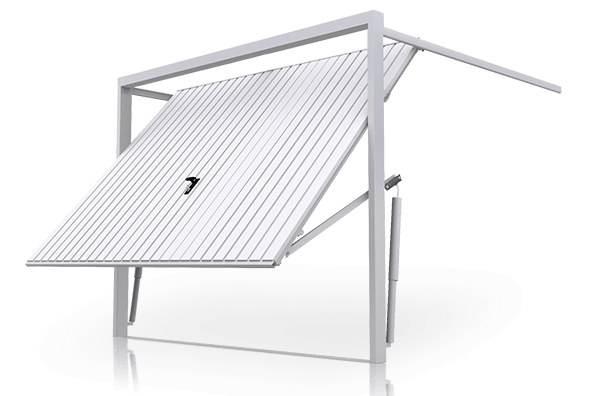 Biała brama uchylna z pionowymi przetłoczeniami – mechanizm unoszenia skrzydła w górę, przykład klasycznej bramy uchylnej Wrocław.